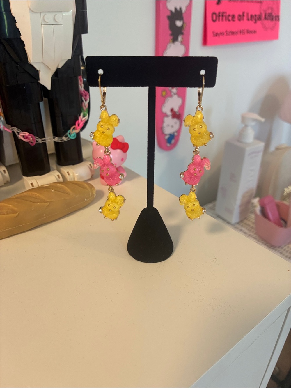 Juicy Couture Cute Pink & Yellow Triple Bunny Dangle Earrings Kawaii Colorful